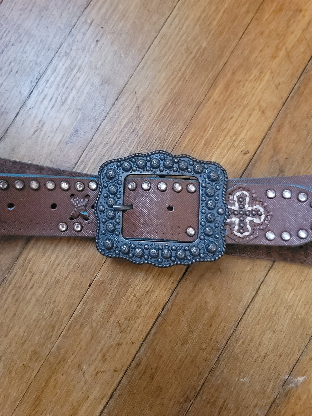 Brown Studded Western Leather Belt with Decorative Buckle - Women